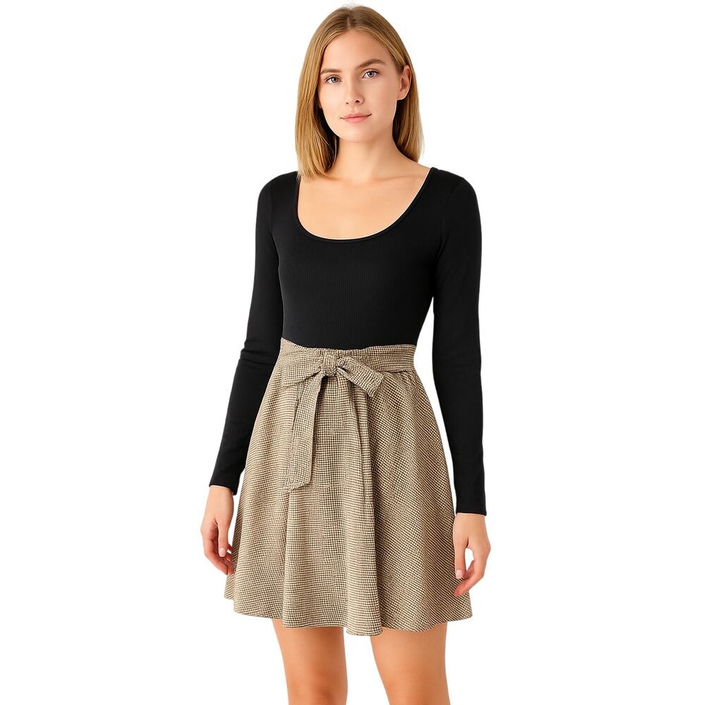 Black Knit Houndstooth Fit & Flare Dress | Long Sleeve Belted Waist Womens Large